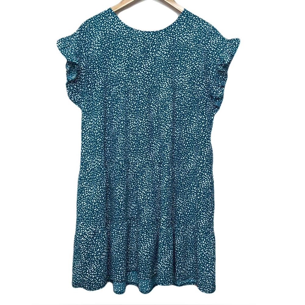 Solution Womens Teal White Abstract Print Ruffle Sleeve‎ Tiered Shift Dress S